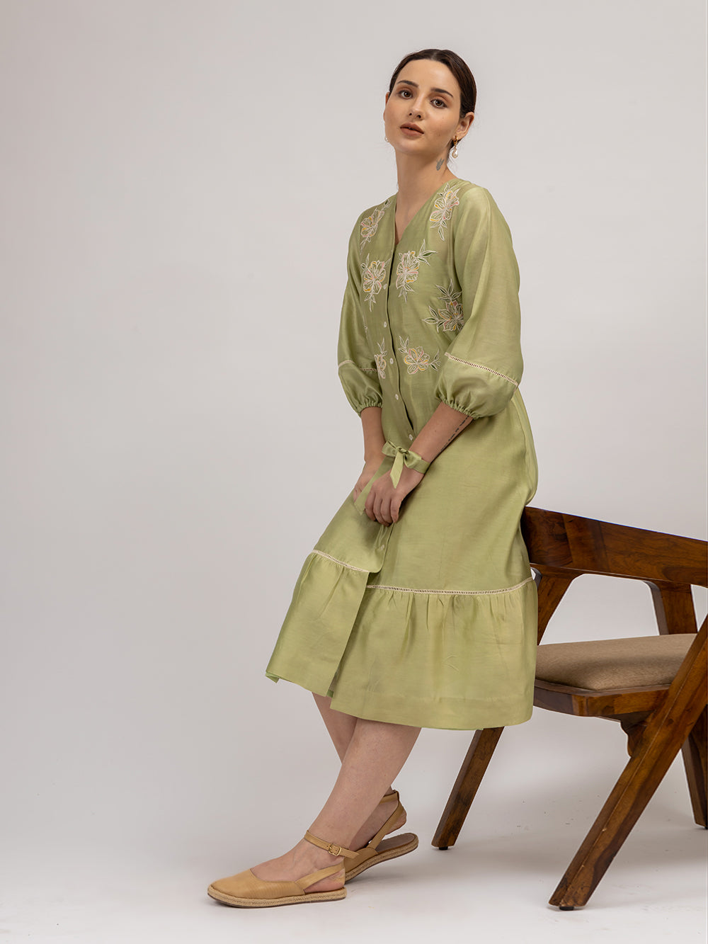 Green Embroidered Chanderi Dress