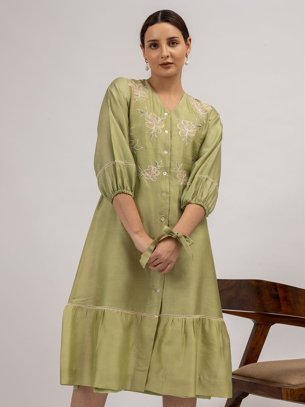 Green Embroidered Chanderi Dress