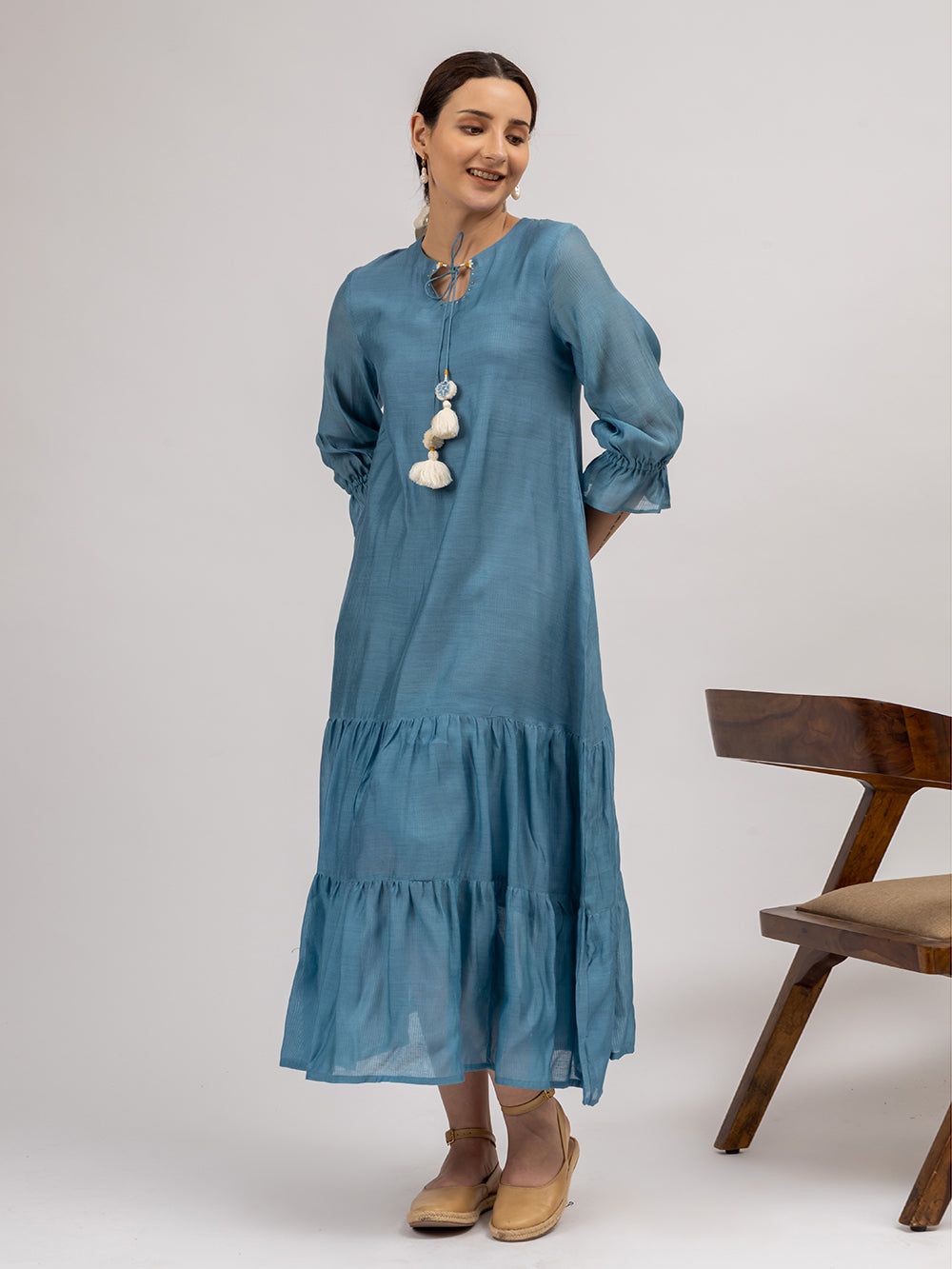 Teal Blue Maheshwari silk Dress