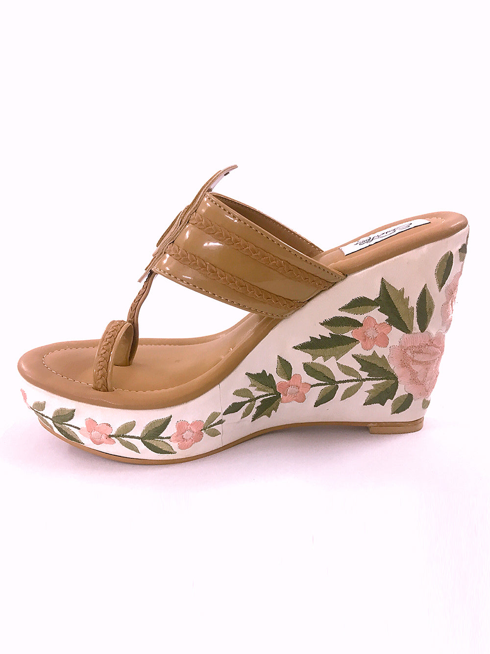 Nude Embroidered Leather Kolapuri Wedges