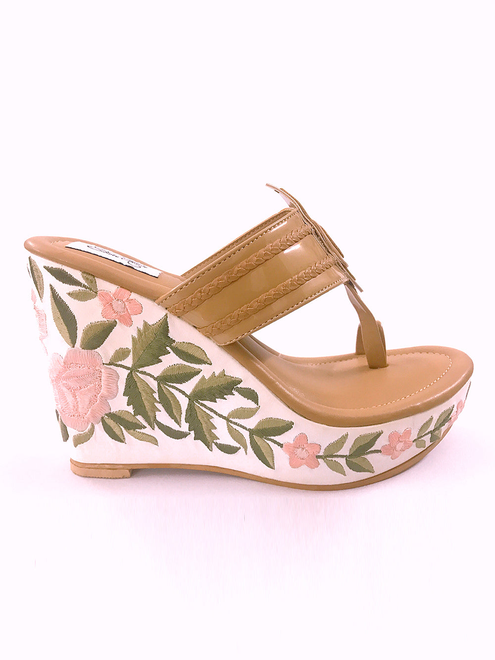 Nude Embroidered Leather Kolapuri Wedges