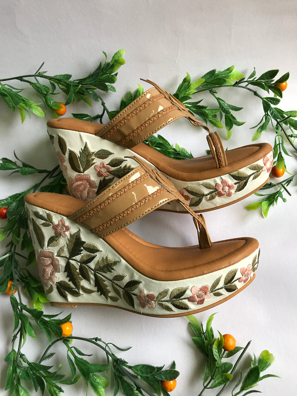 Nude Embroidered Leather Kolapuri Wedges