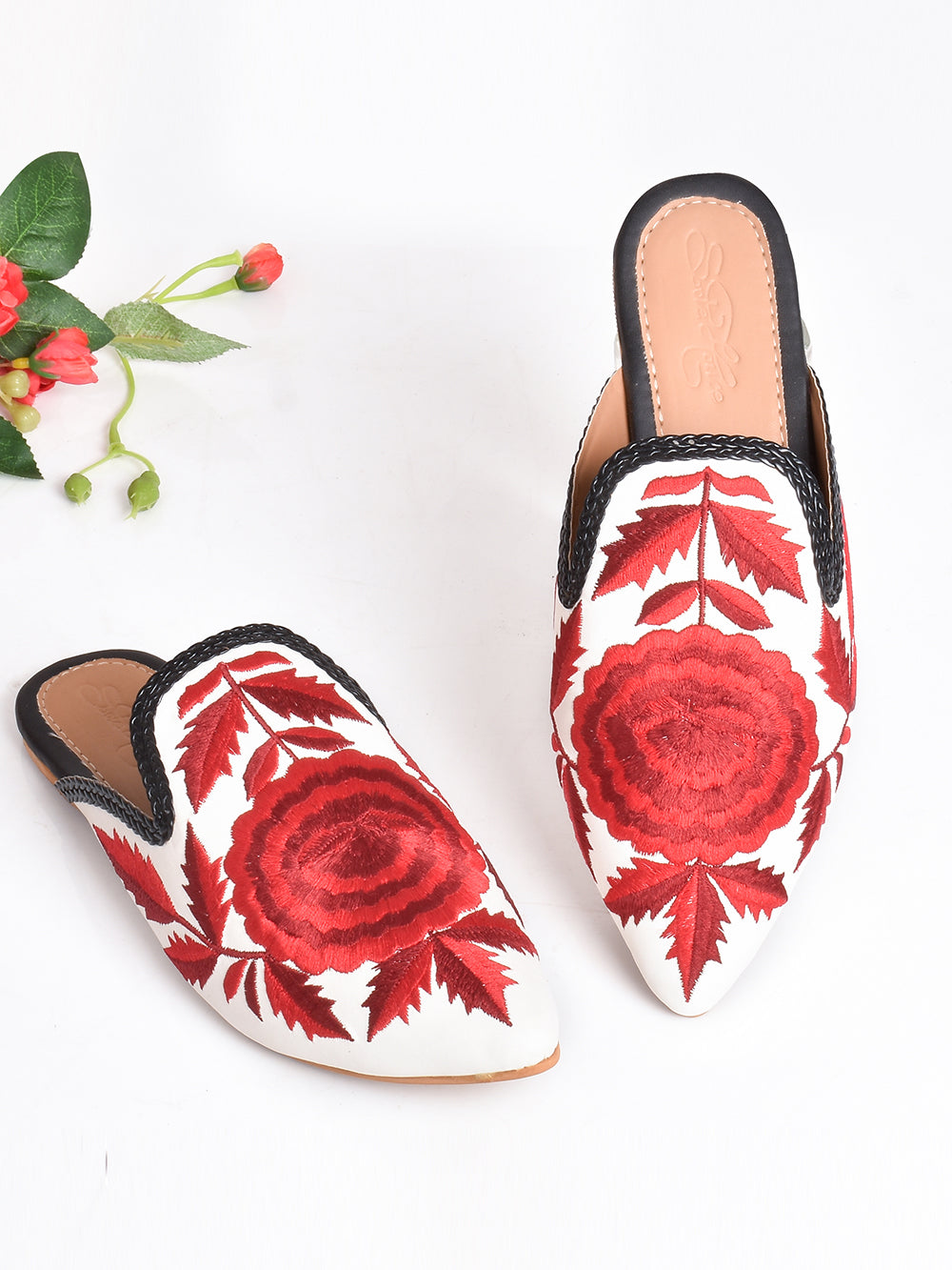 Red Flower Bloom Pointed Mules