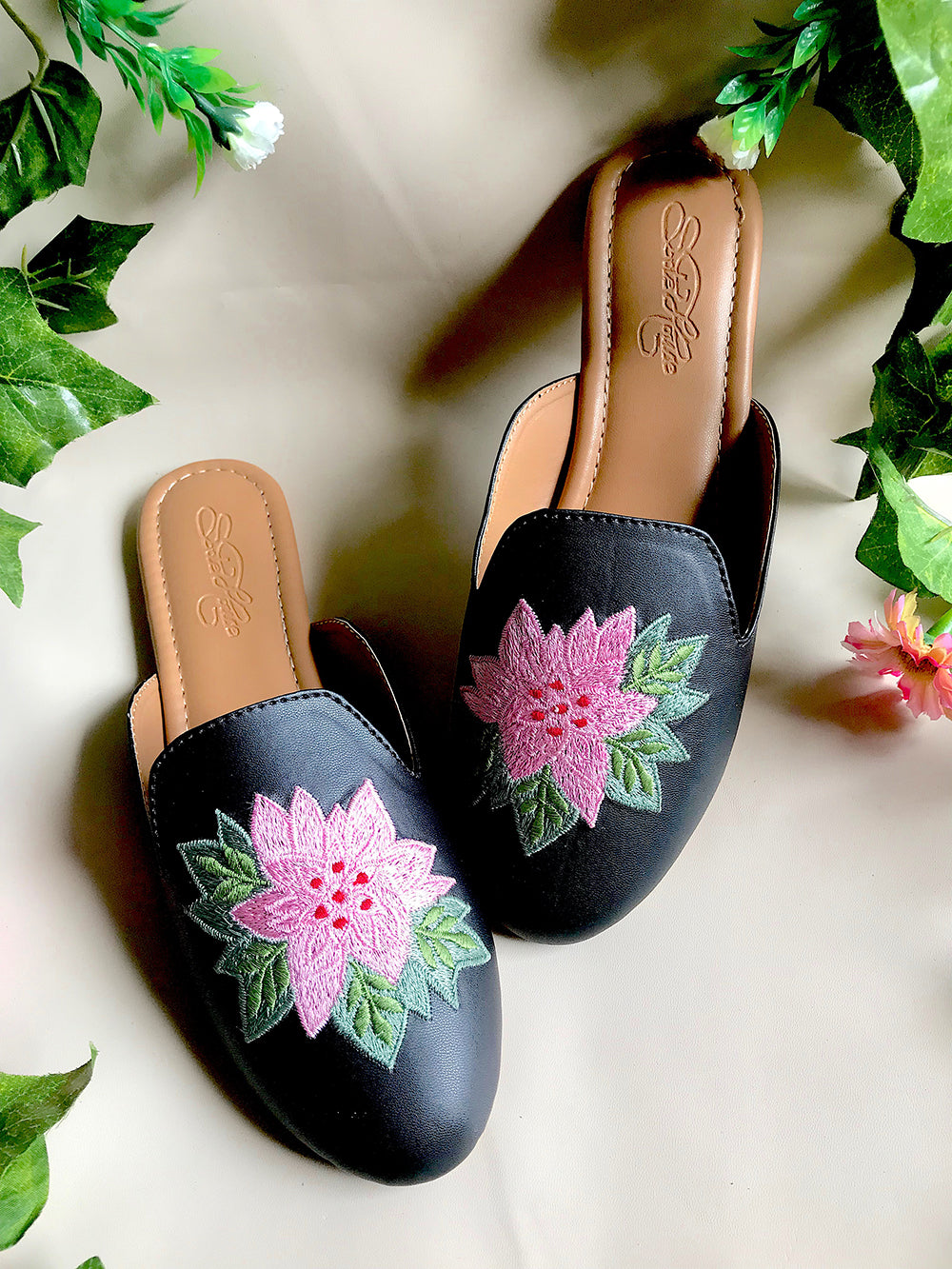 Black Embroidered Leather Flats