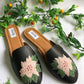 Black Embroidered Leather Flats