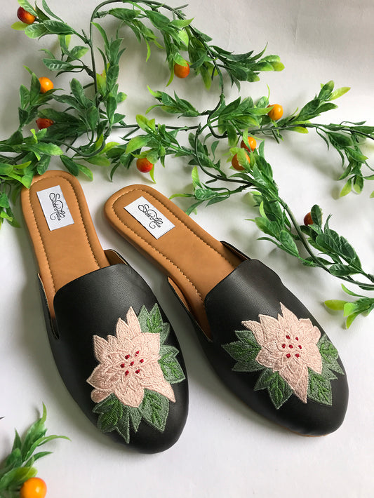 Black Embroidered Leather Flats