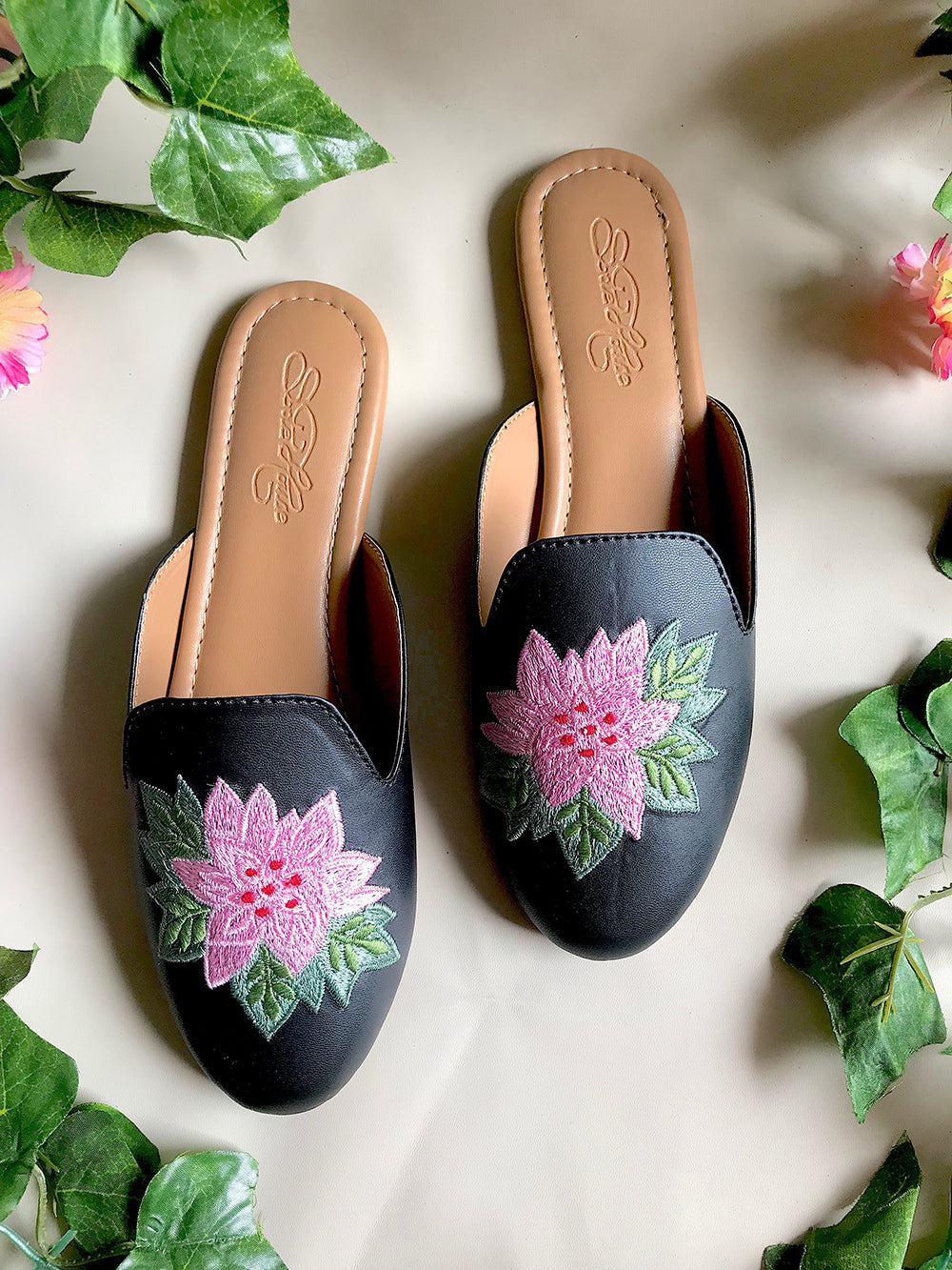 Black Embroidered Leather Flats