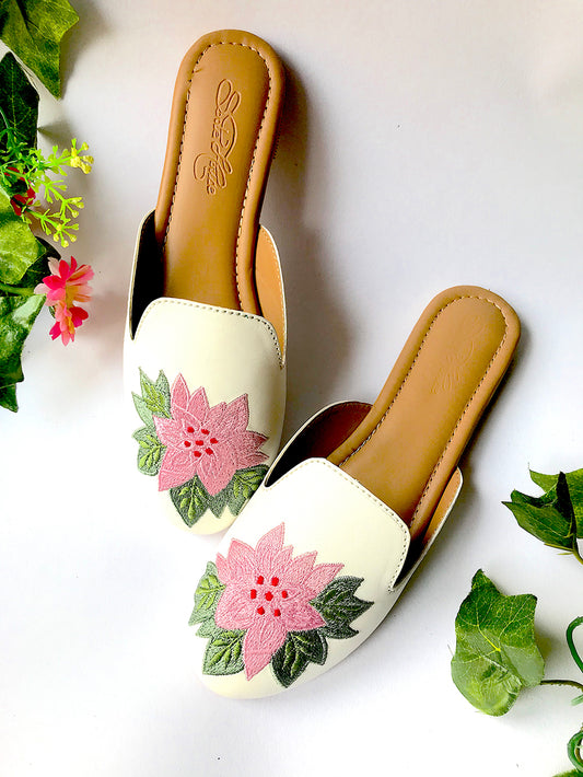 White Embroidered Leather Mules