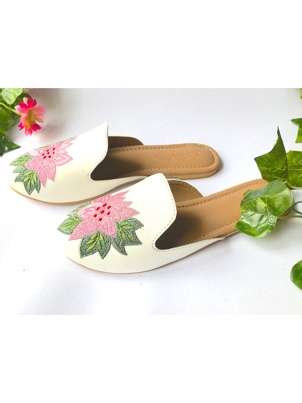 White Embroidered Leather Mules