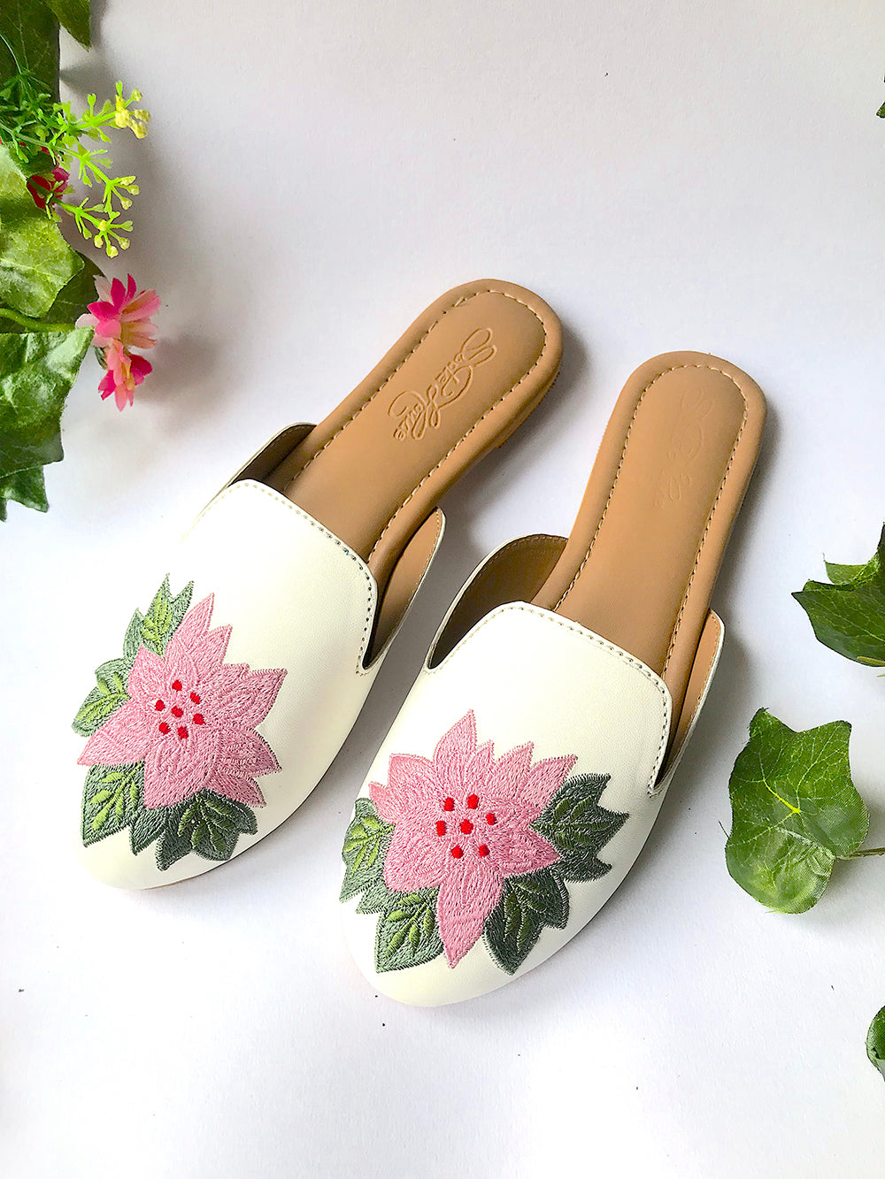 White Embroidered Leather Mules