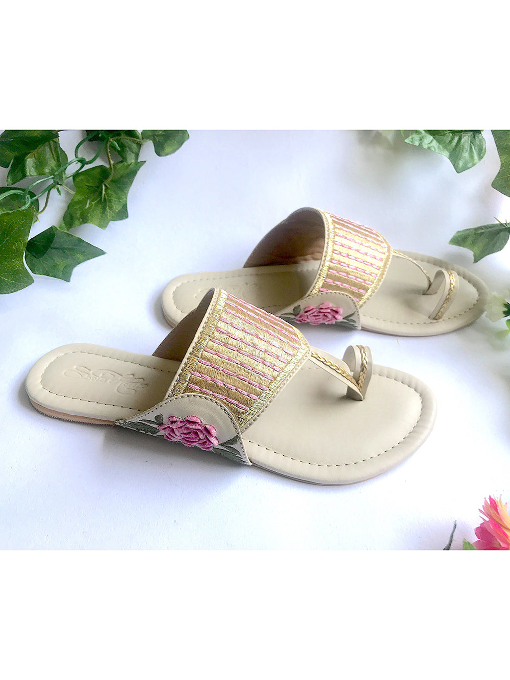 Pink Embroidered Leather Flats