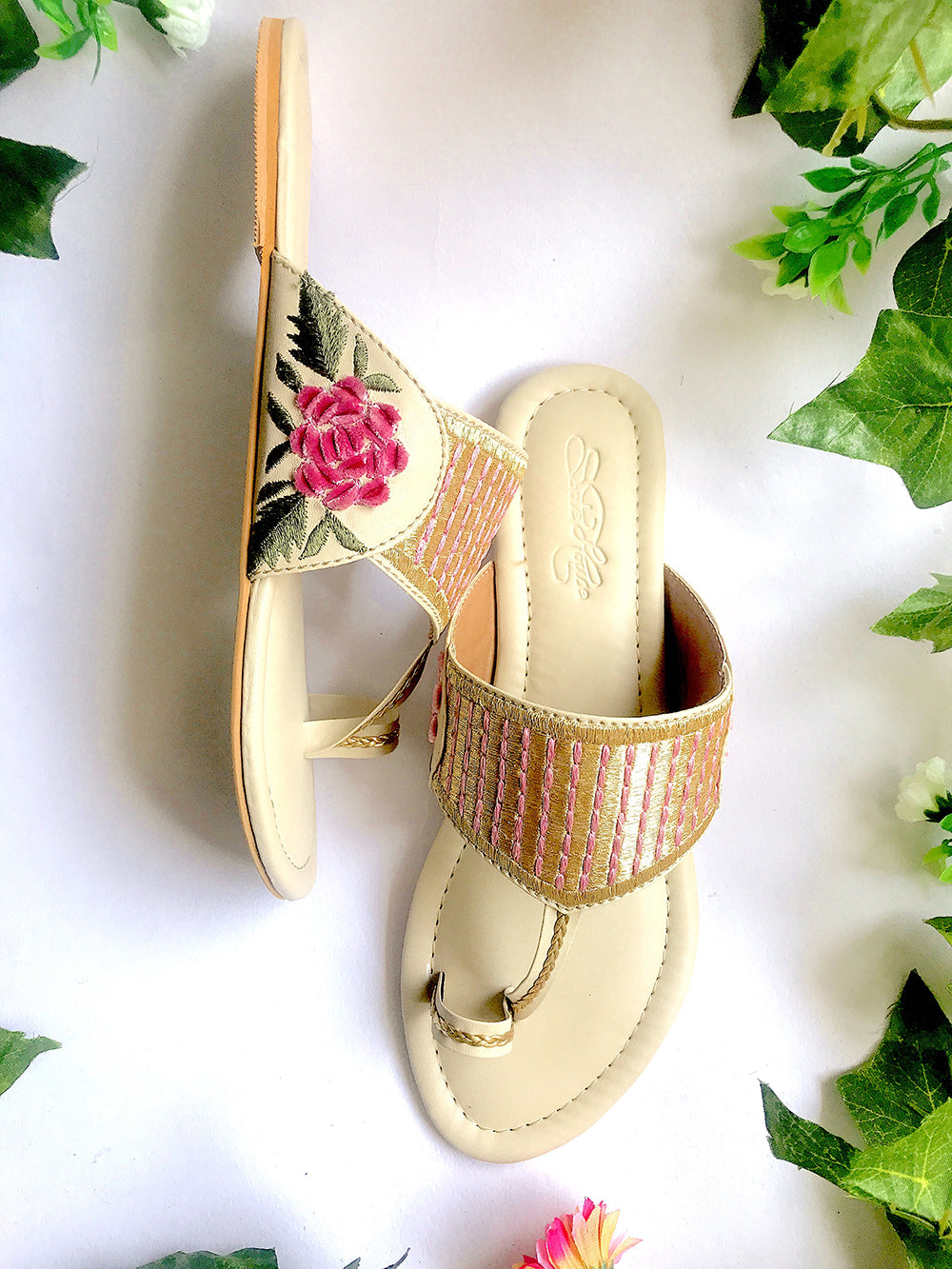 Pink Embroidered Leather Flats