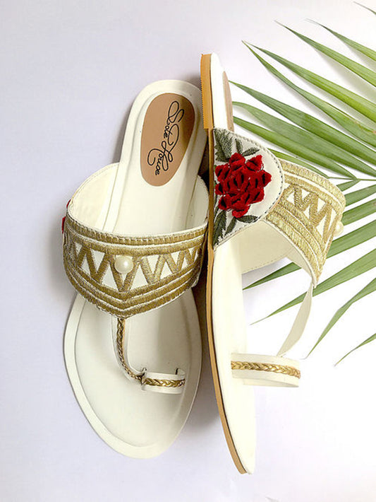 White Embroidered Leather Flats