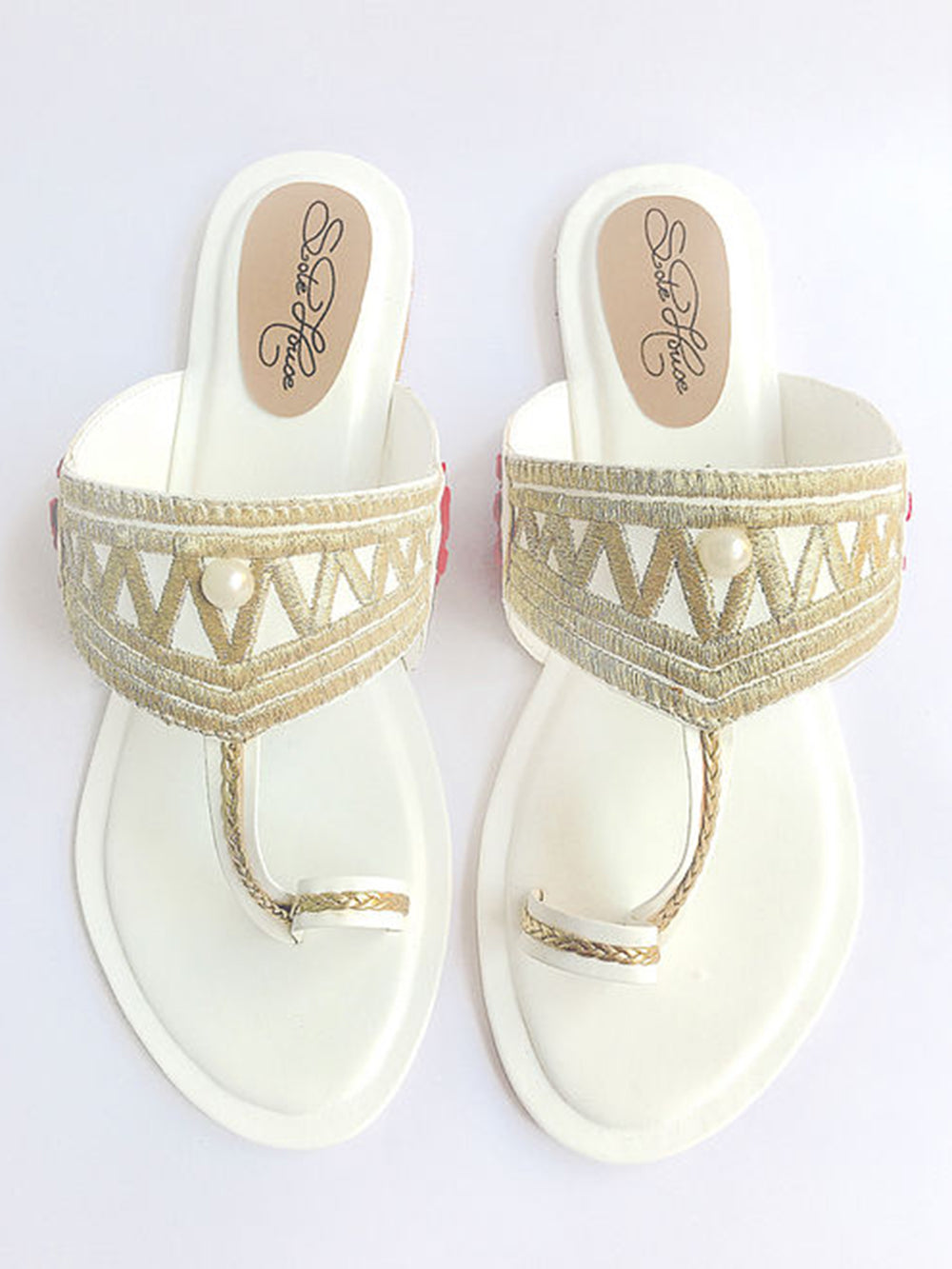 White Embroidered Leather Flats