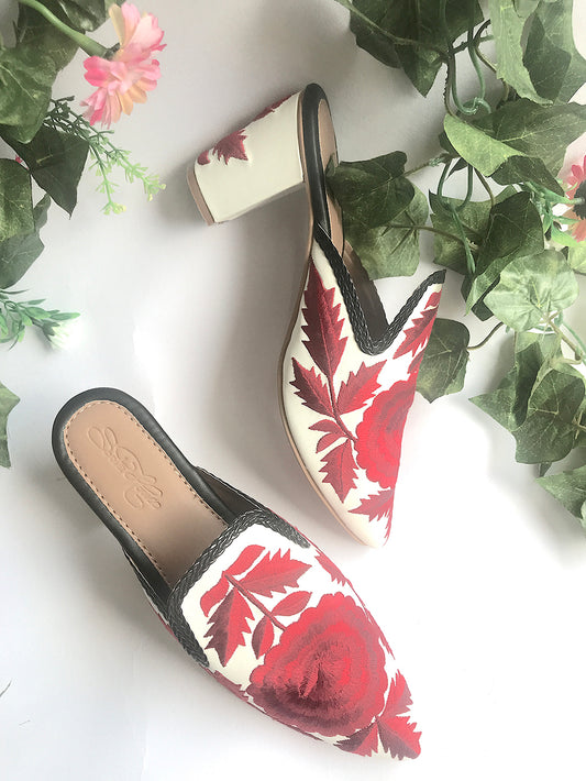 Red Embroidered Leather Mule Heels