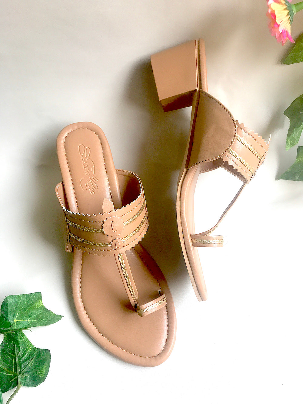 Beige Leather Kolhapuri Heels