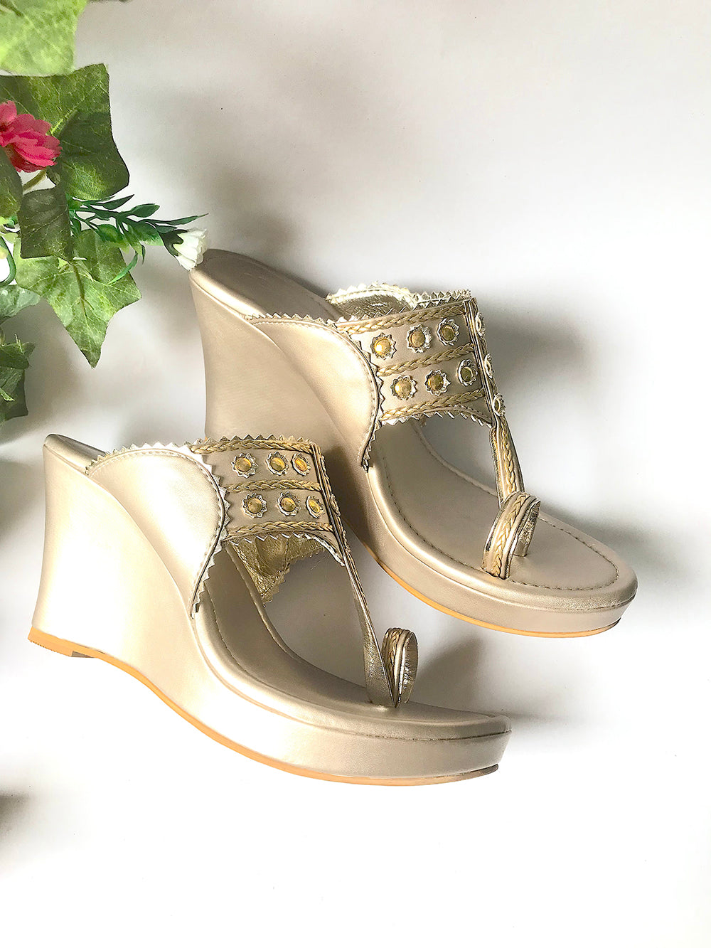 Golden Vegan Leather Filigree Kolapuri Wedges