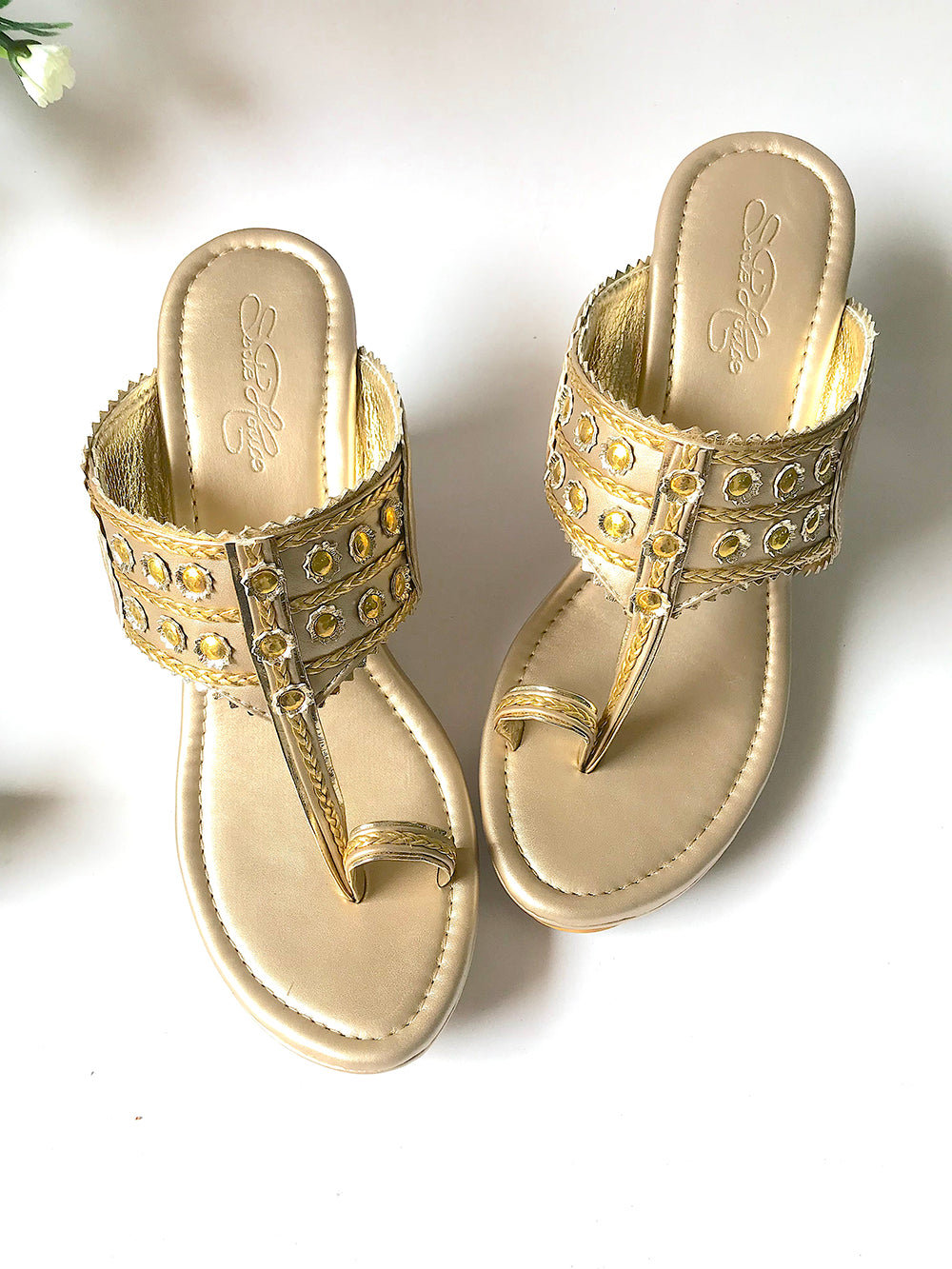 Golden Vegan Leather Filigree Kolapuri Wedges