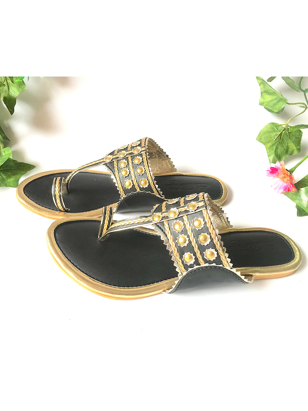 Mystic Black Gold Filigree Kolapuri Flats