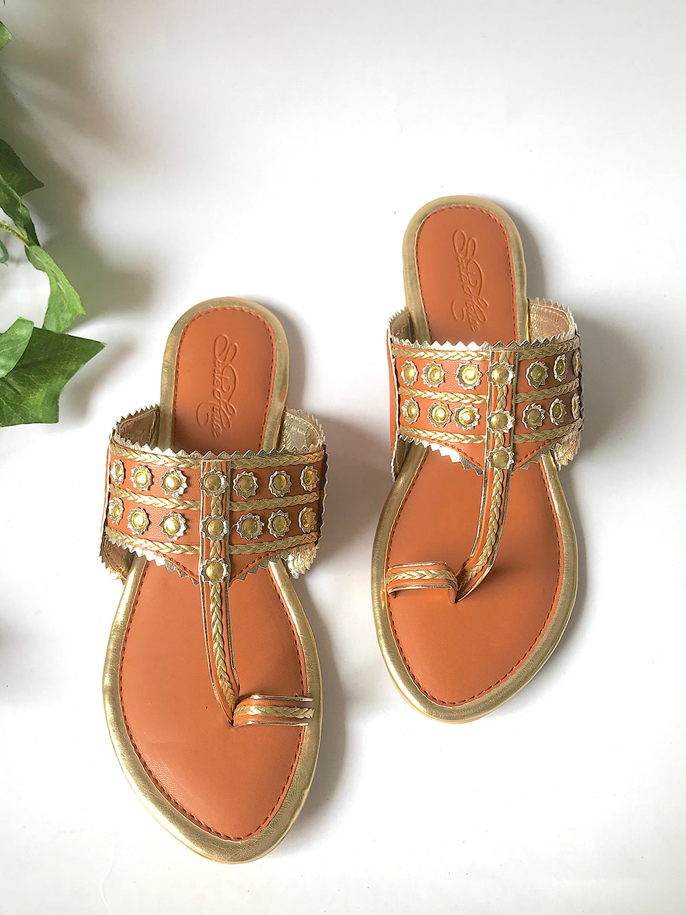 Tan Gold Filigree Kolapuri Flats