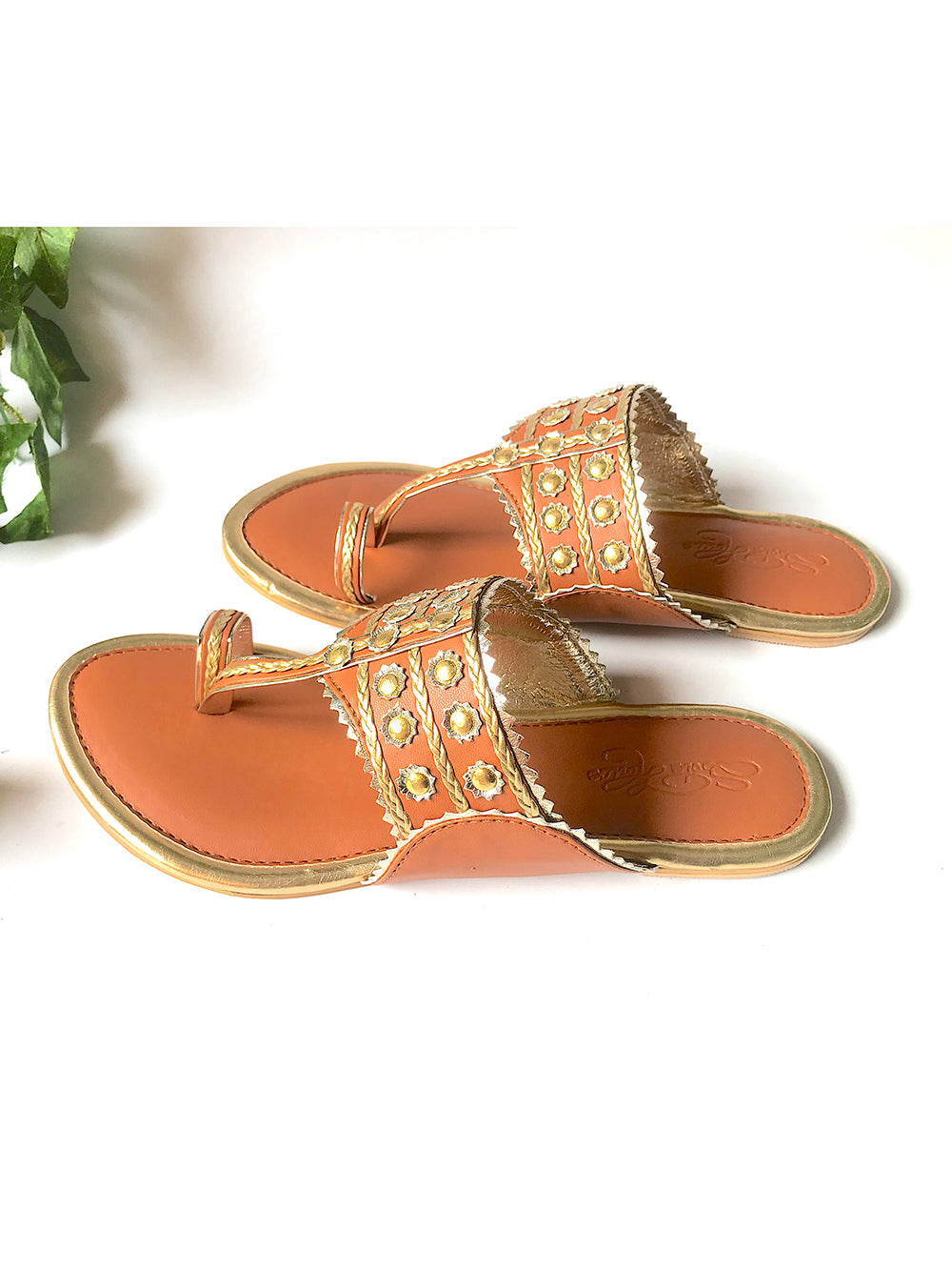 Tan Gold Filigree Kolapuri Flats