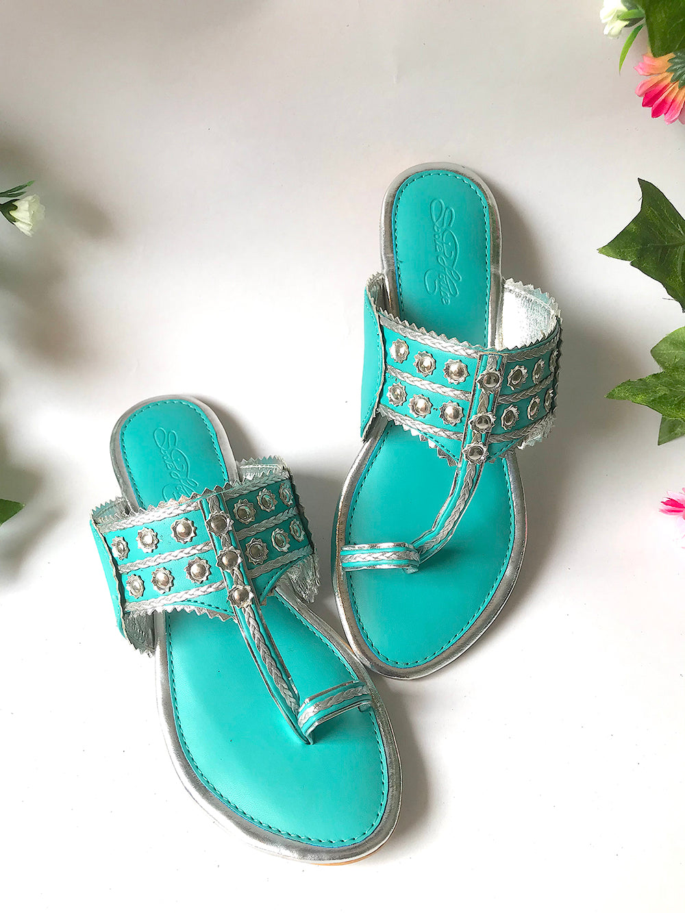 Turquoise Silver filigree Kolapuri Flats