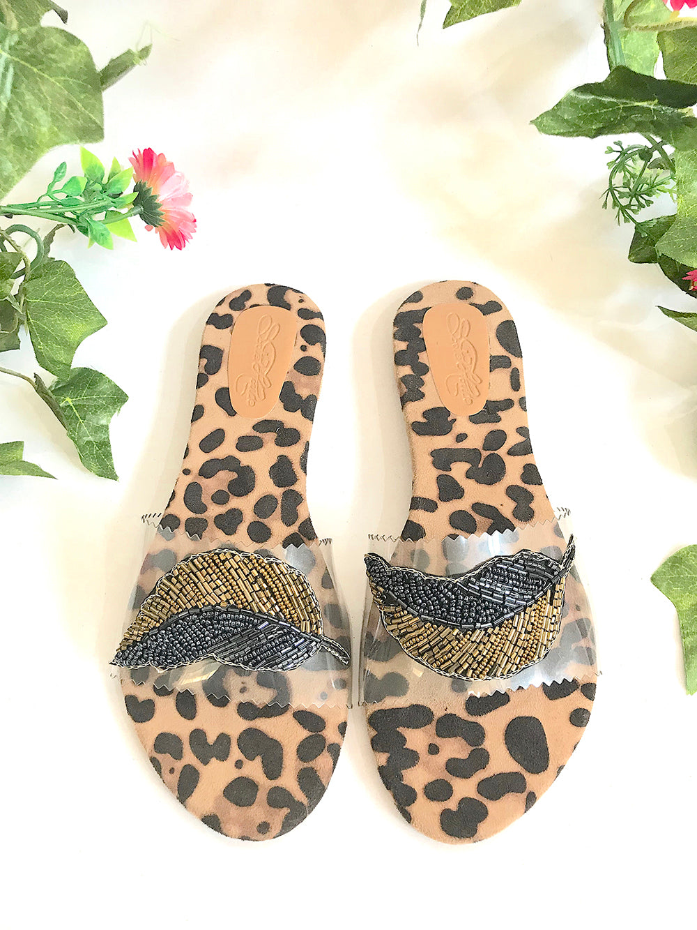 Leopard Feather Sliders Flats