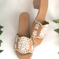 Damask Beige and White Vegan Leather Block Heels