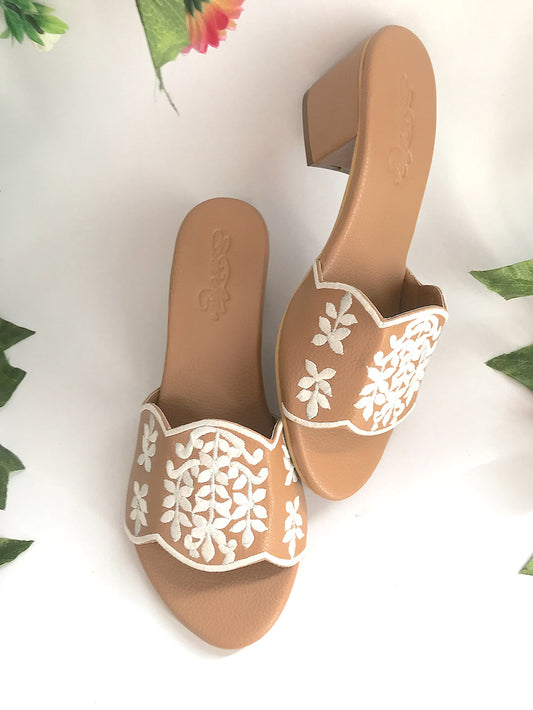 Damask Beige and White Vegan Leather Block Heels