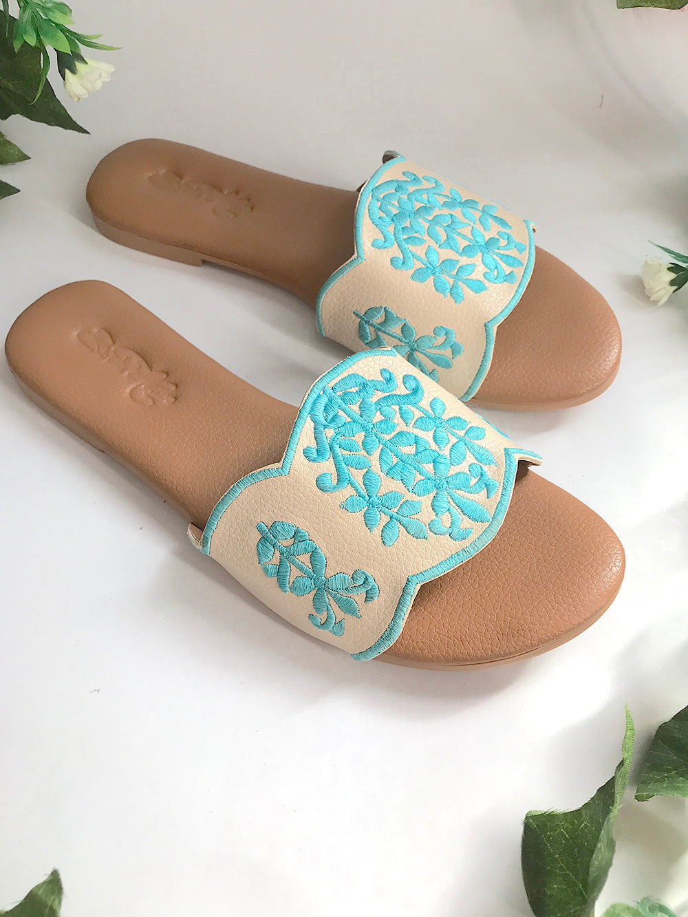 Damask Beige and Turquoise Vegan Leather Flats