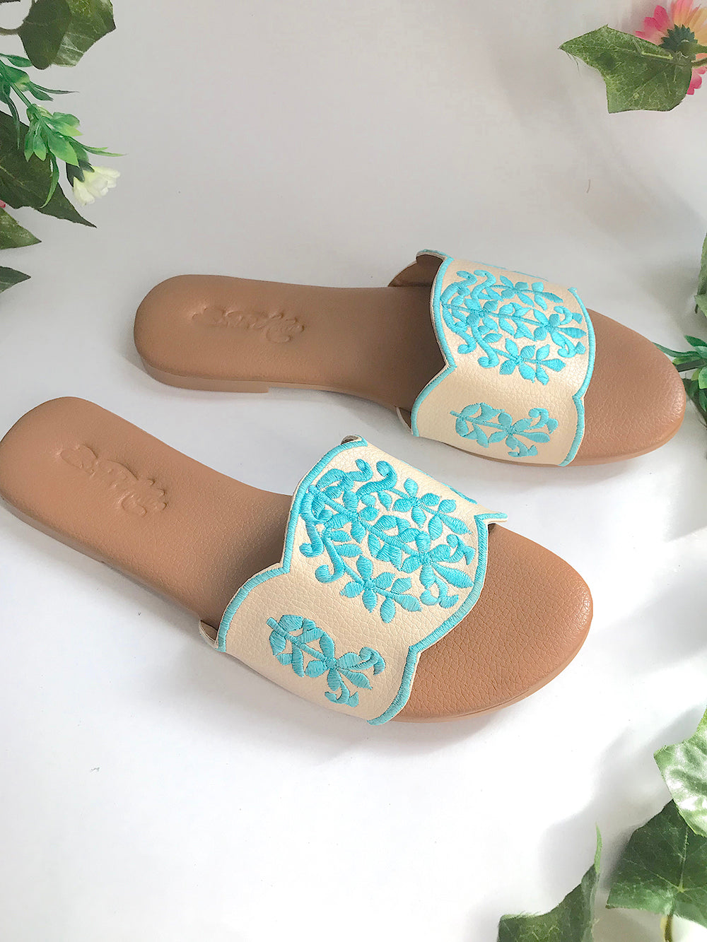 Damask Beige and Turquoise Vegan Leather Flats