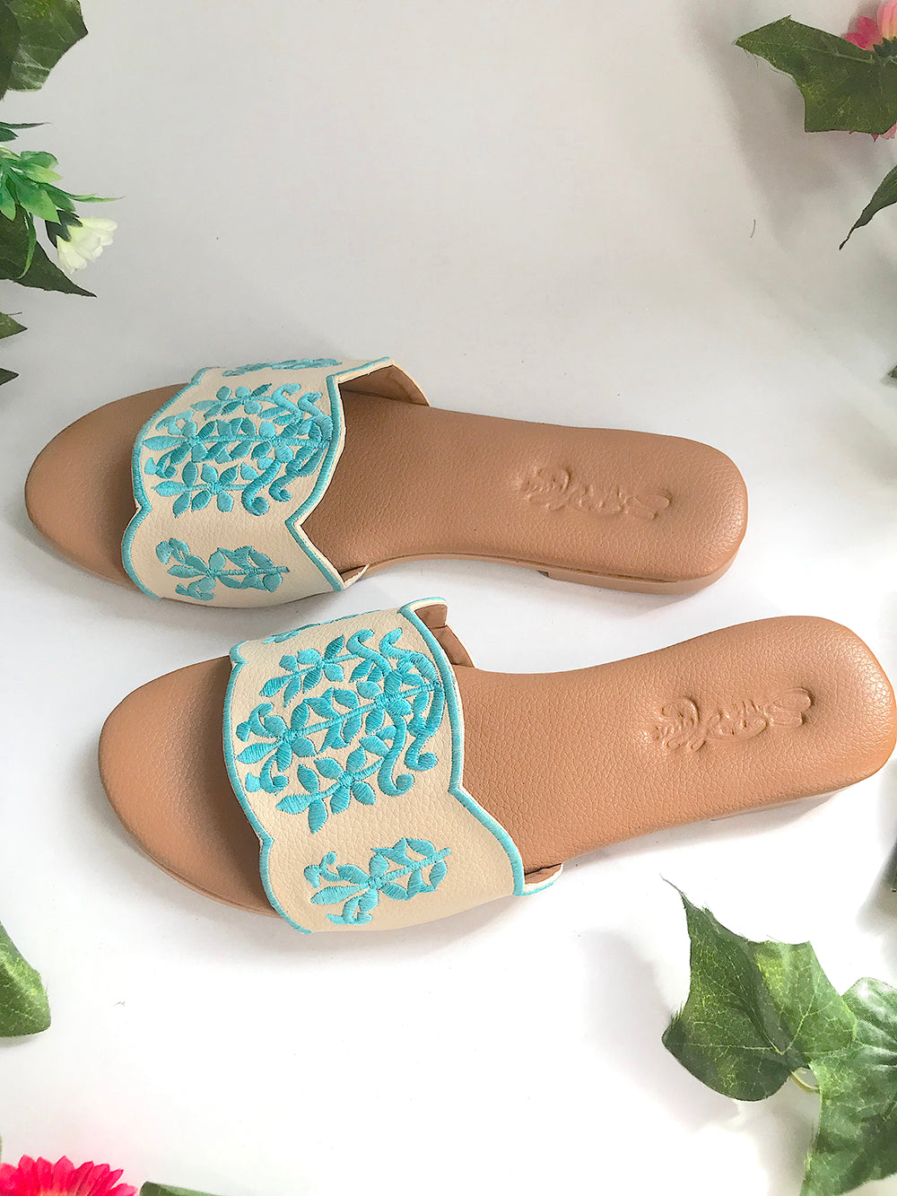 Damask Beige and Turquoise Vegan Leather Flats