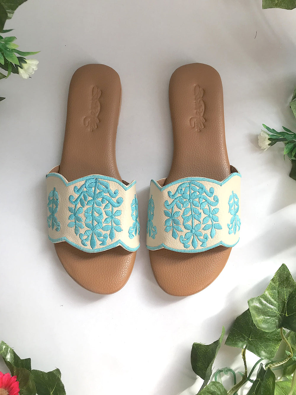 Damask Beige and Turquoise Vegan Leather Flats