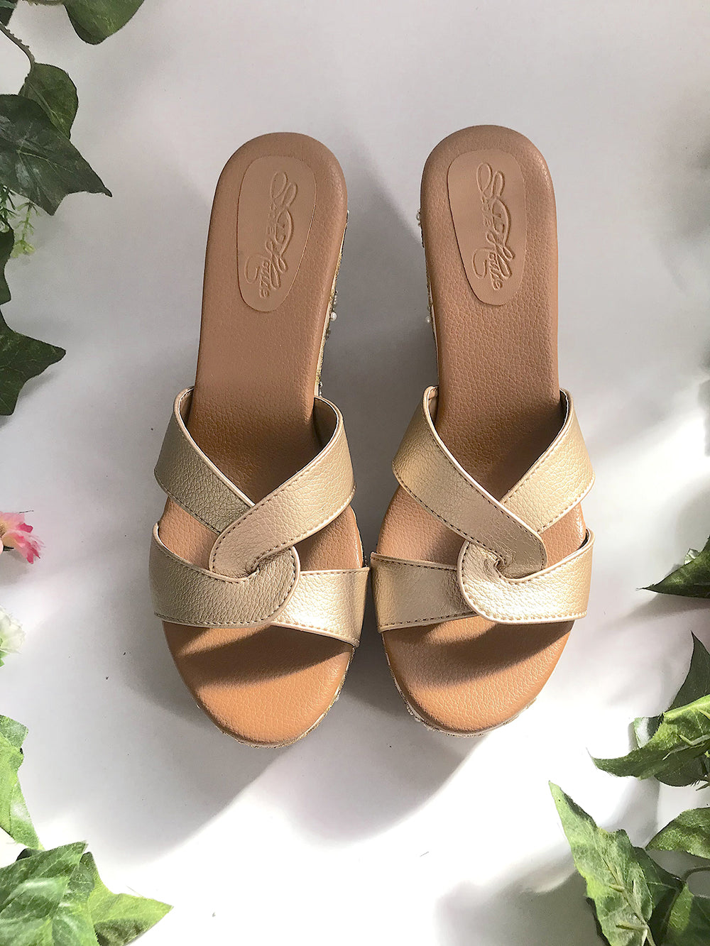 Beige and Gold Vegan Leather Wedges