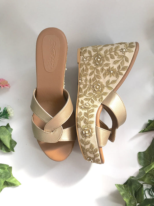 Beige and Gold Vegan Leather Wedges