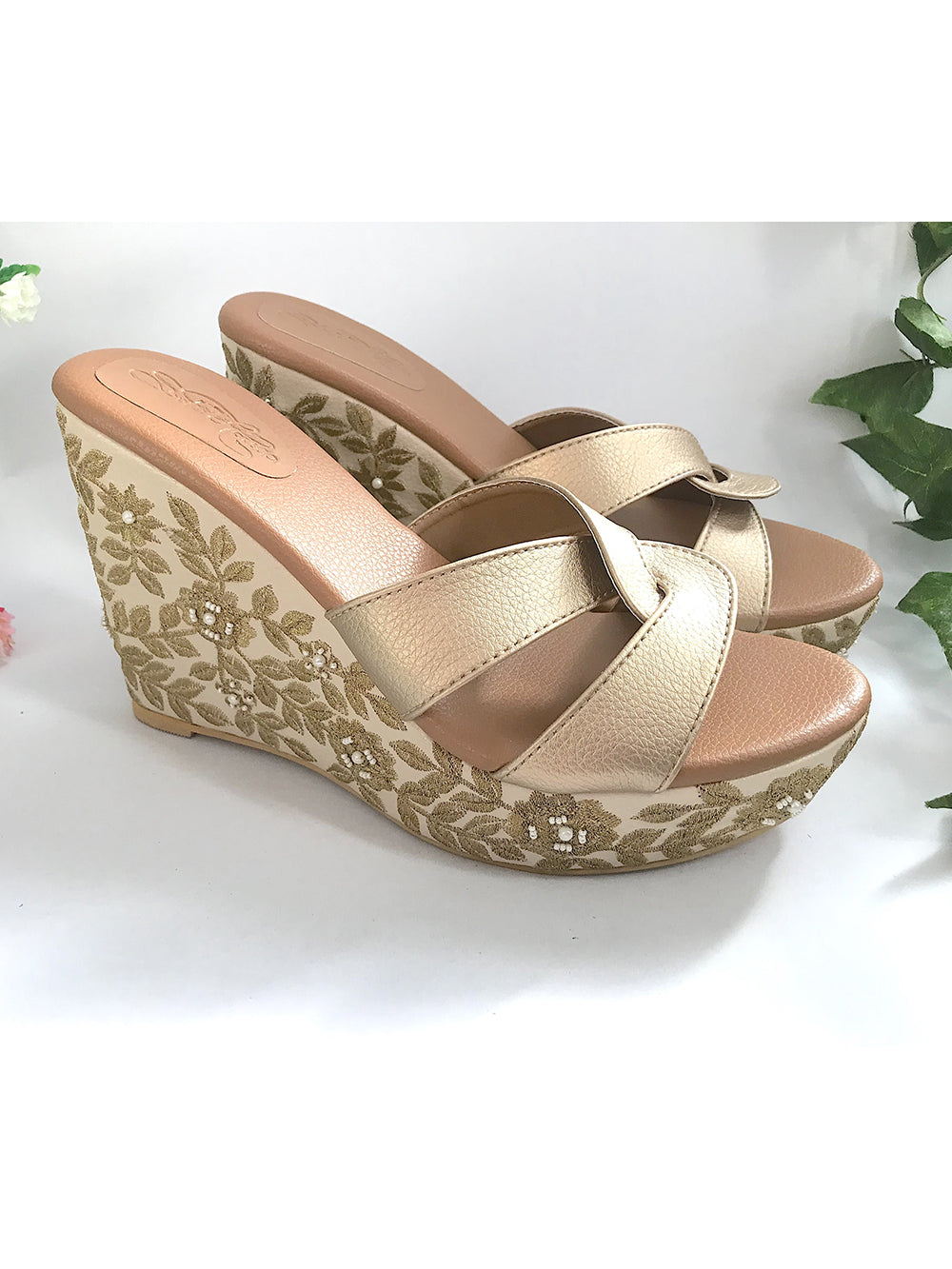 Beige and Gold Vegan Leather Wedges