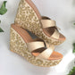 Beige and Gold Vegan Leather Wedges