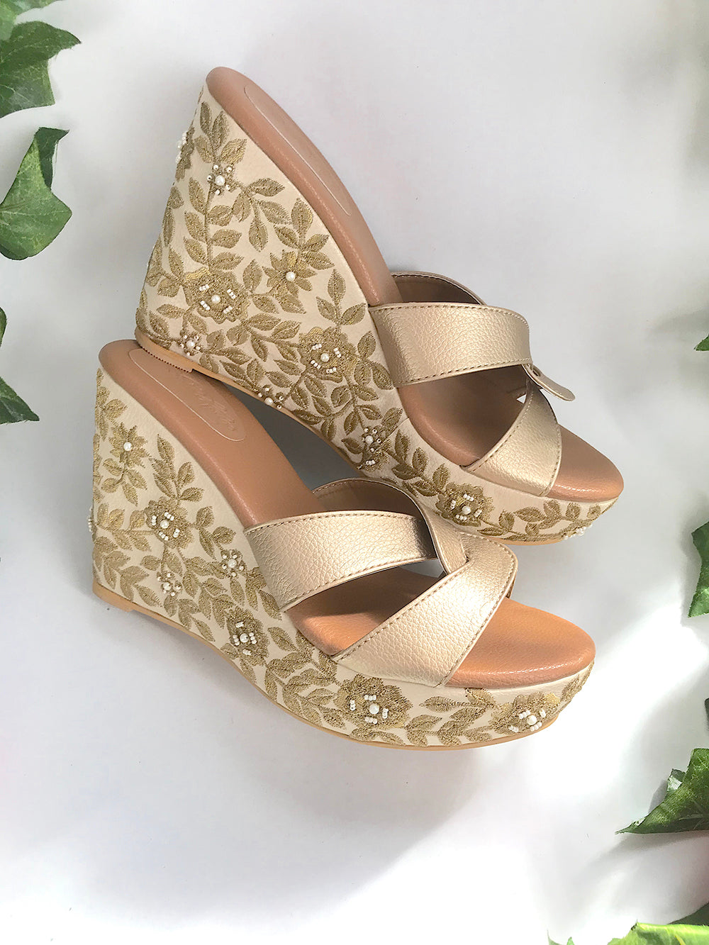 Beige and Gold Vegan Leather Wedges