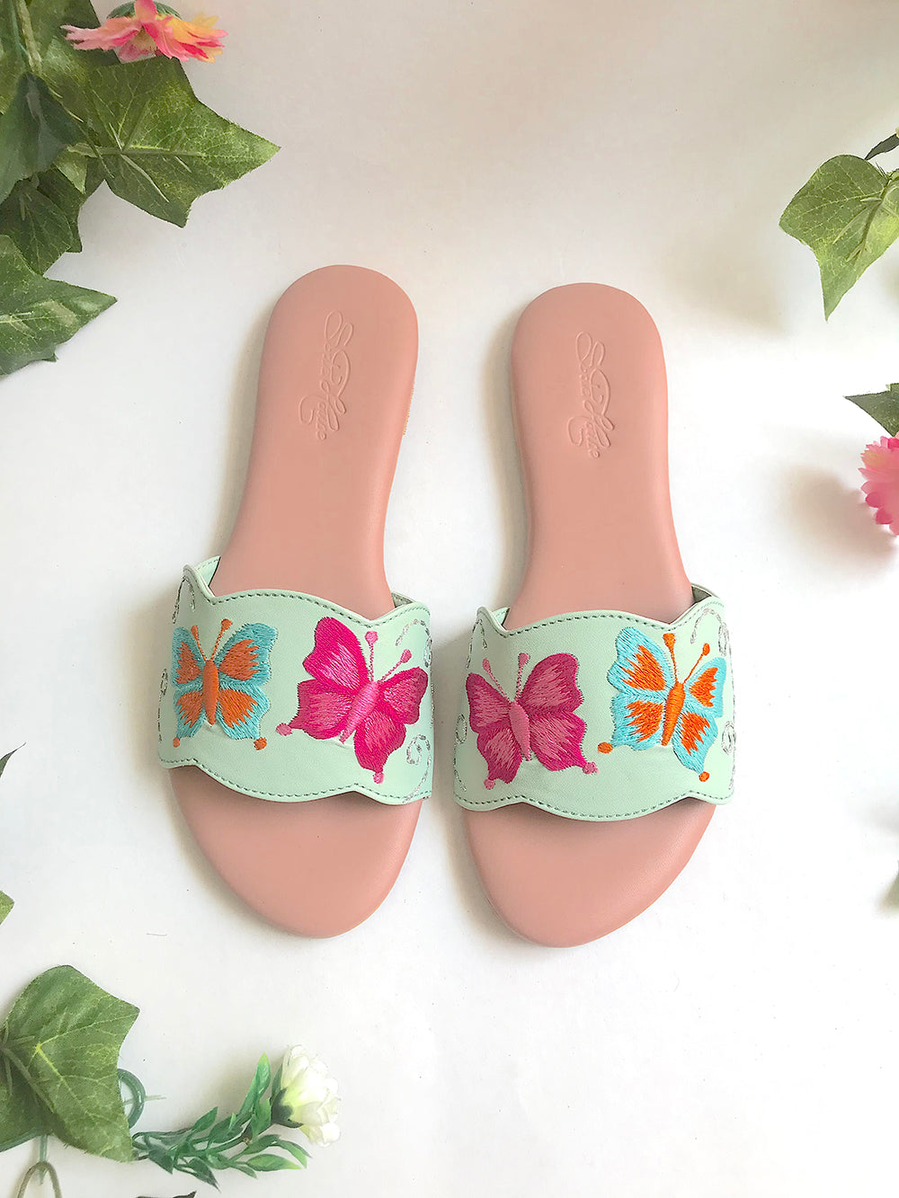 Sea Green Butterfly Swirls Leather Flats