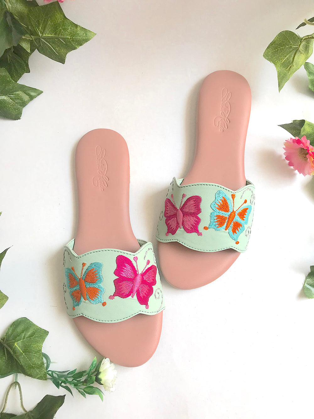 Sea Green Butterfly Swirls Leather Flats