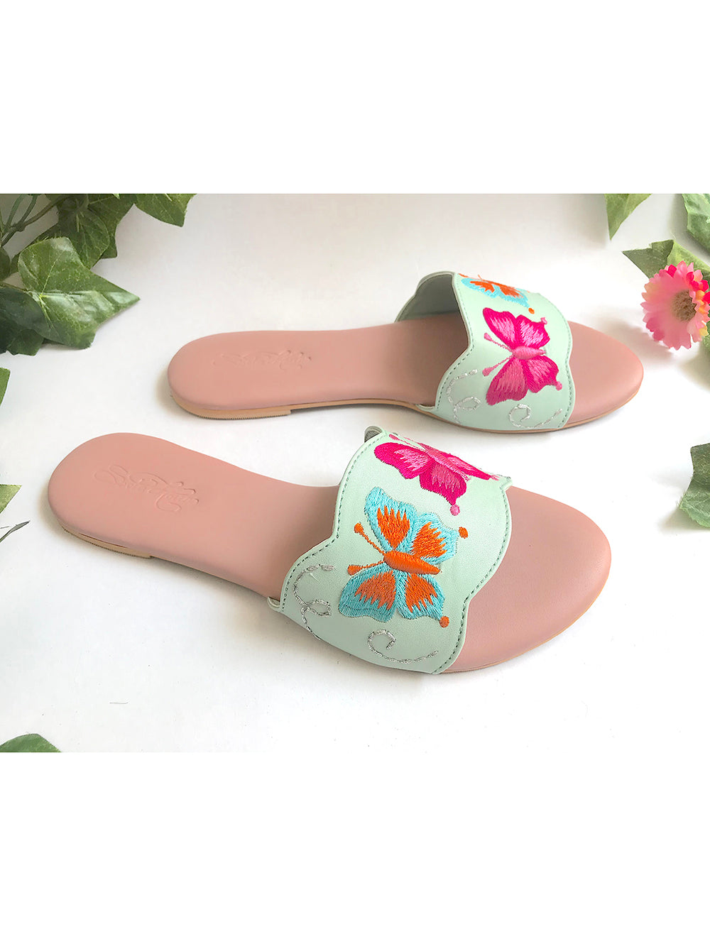 Sea Green Butterfly Swirls Leather Flats