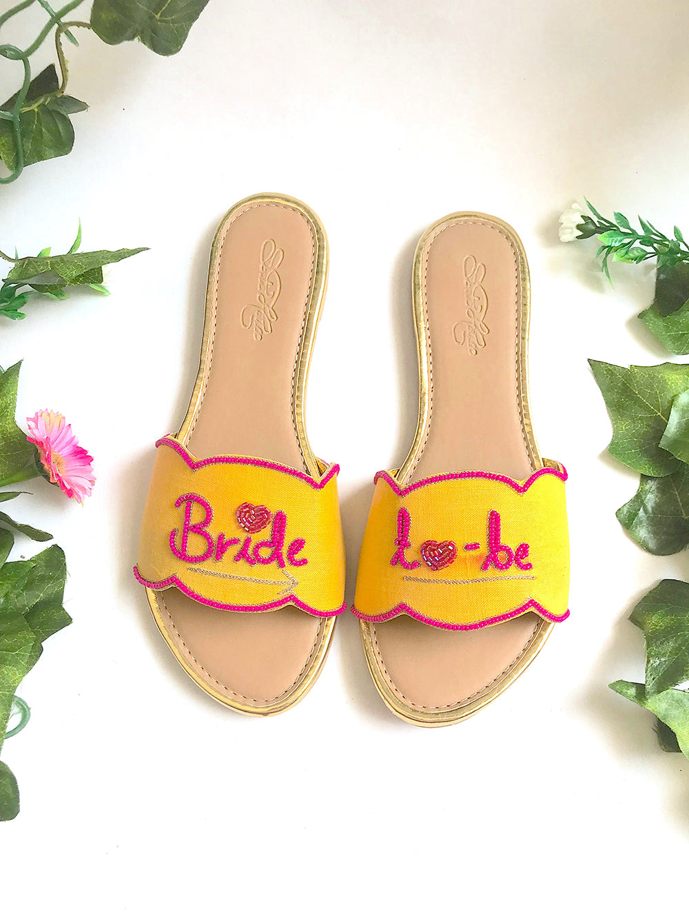 Yellow and Pink Bride to Be Leather Flats