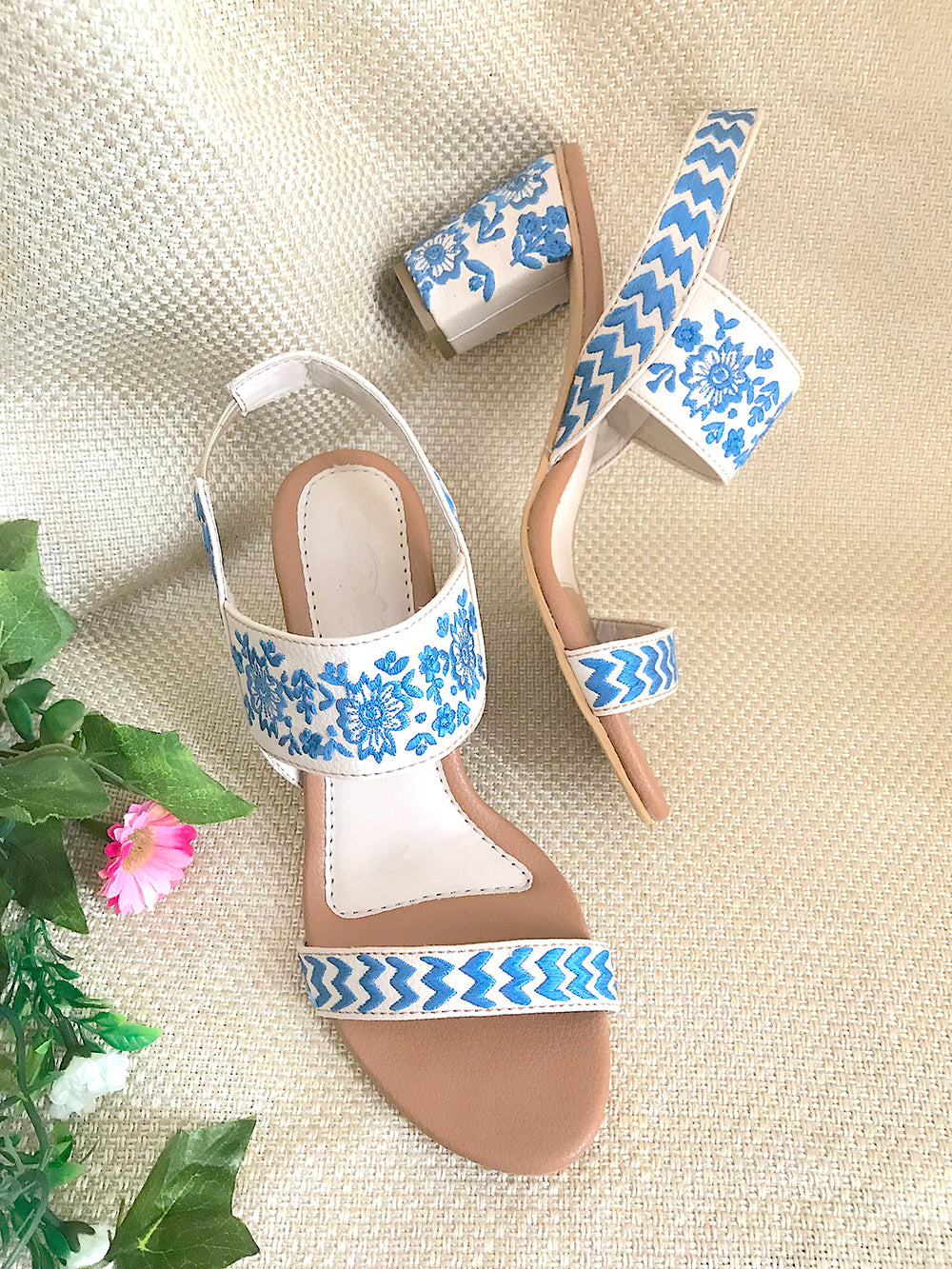 Beige & Blue Vegan Leather Block Heels