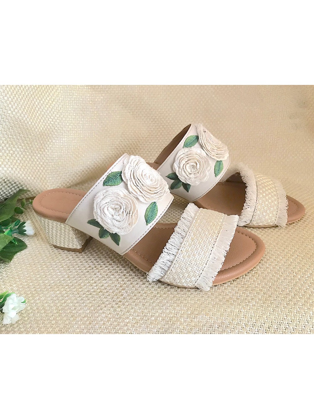 Rose Jute and Beige Vegan Leather Block Heel