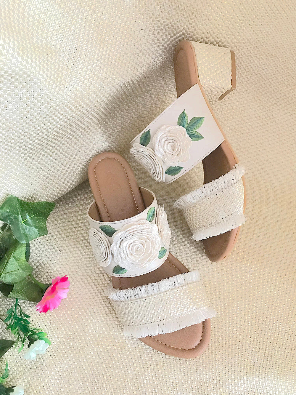 Rose Jute and Beige Vegan Leather Block Heel