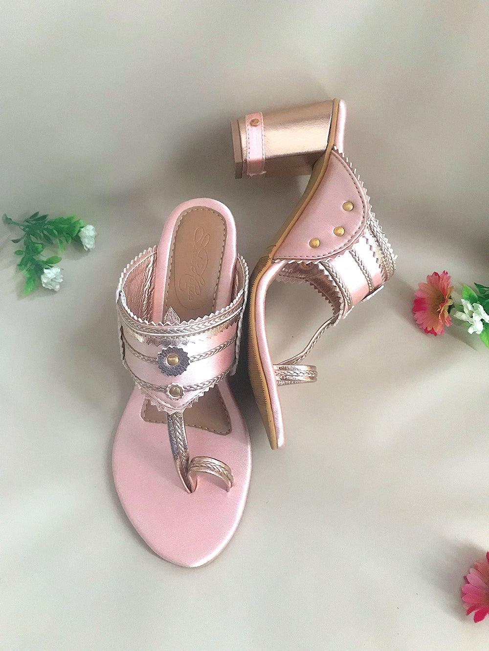 Baby Pink & Rose Gold Leather Block Heel