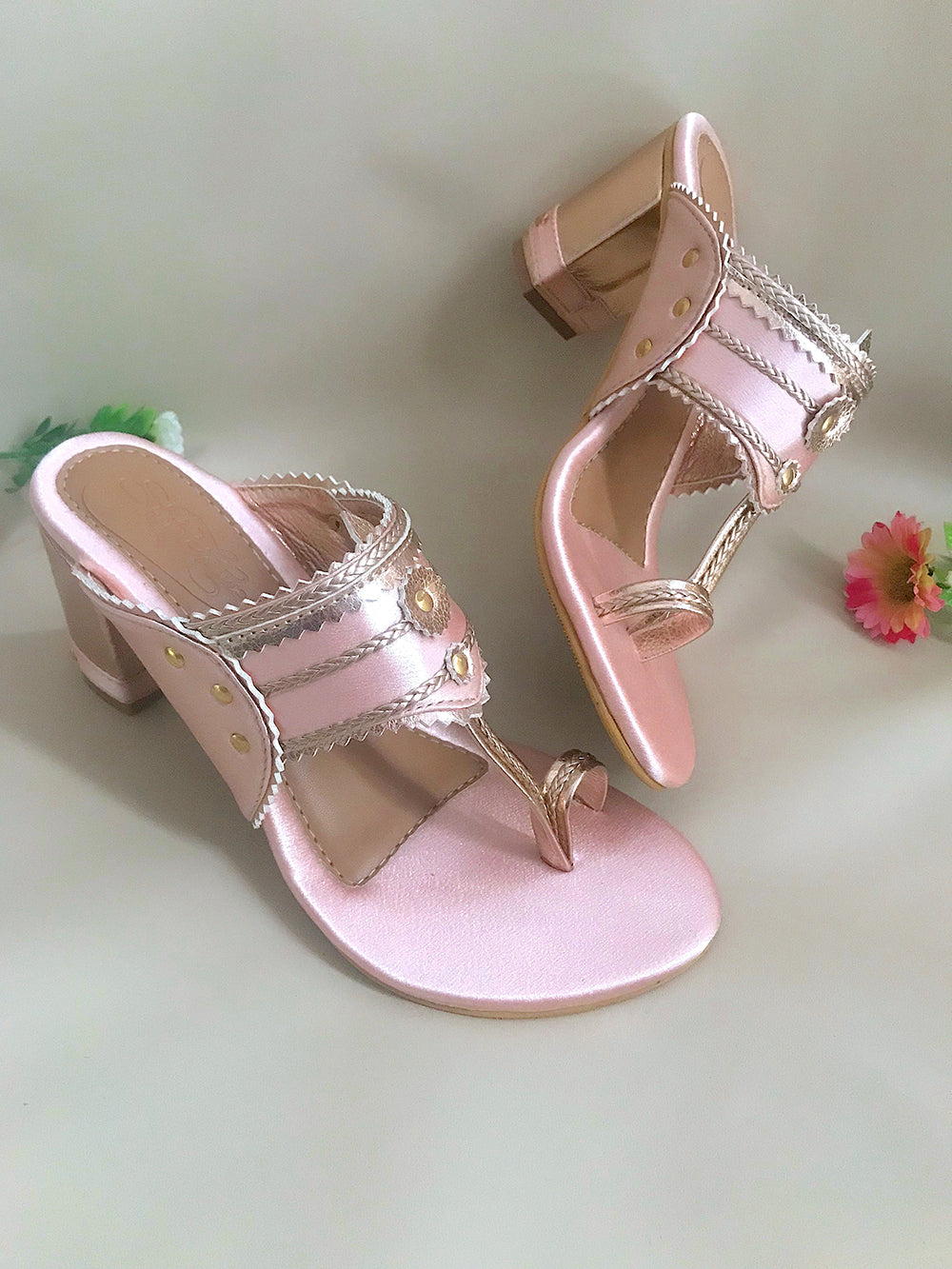 Baby Pink & Rose Gold Leather Block Heel