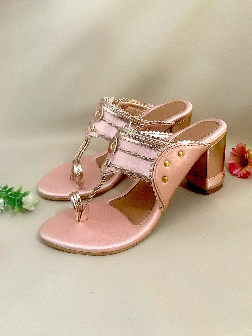 Baby Pink & Rose Gold Leather Block Heel