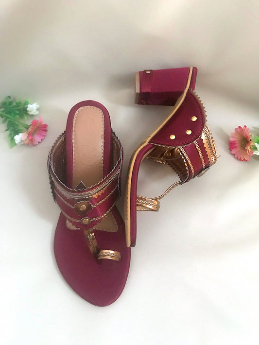 Gem Stone Maroon and Antqiue Gold Vegan Leather Block Heel