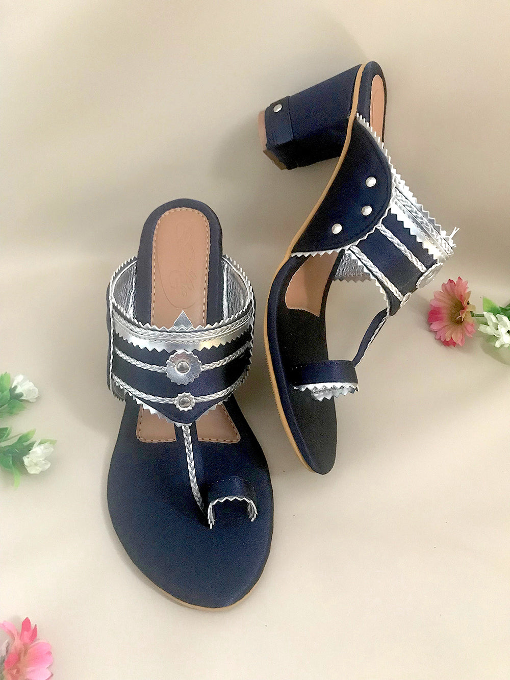 Navy Blue and Silver leather Block Heel